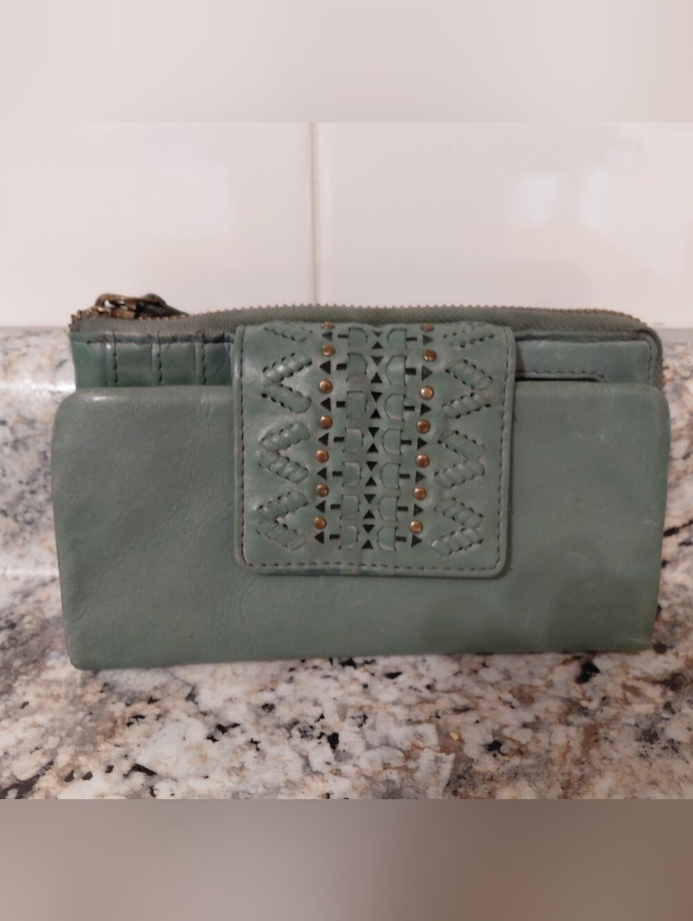 Vilenca Holland Sage Green Leather Zip Wallet with Decorative Studs
